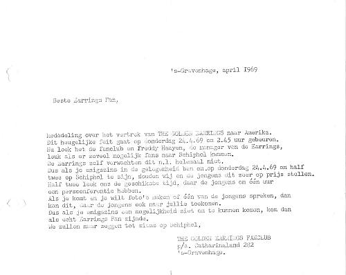 April 1969 fan club letter about departure for first USA tour on April 24 1969